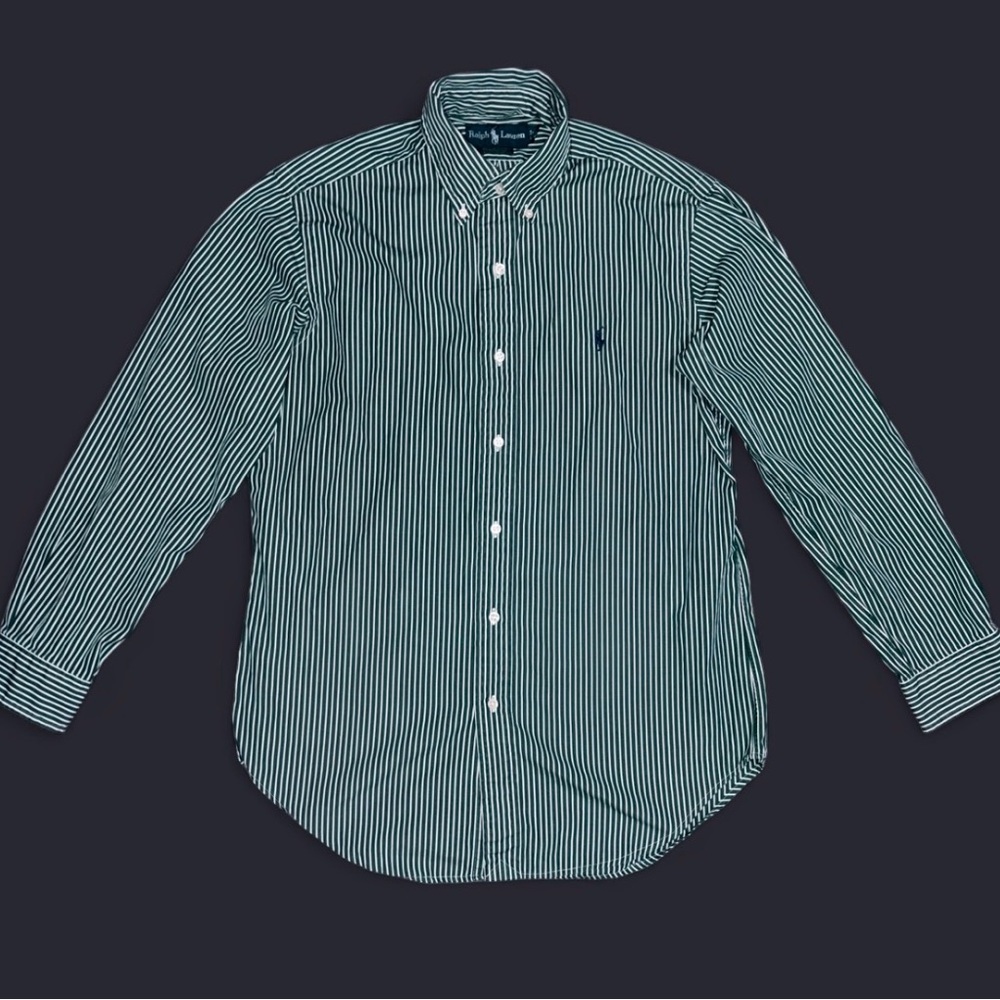 Polo RL Mens 15 32/33 Classic Green Blue Stripe Button Down Fits S/M